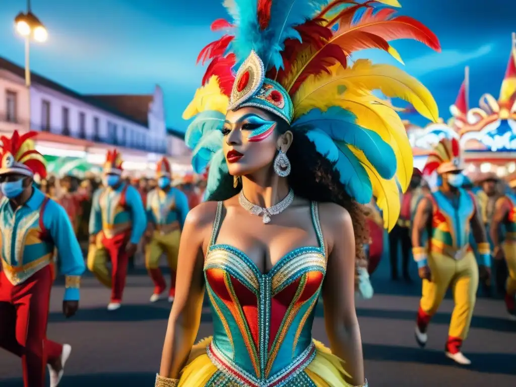 Deslumbrantes trajes tecnológicos Carnaval Uruguayo iluminan desfile nocturno