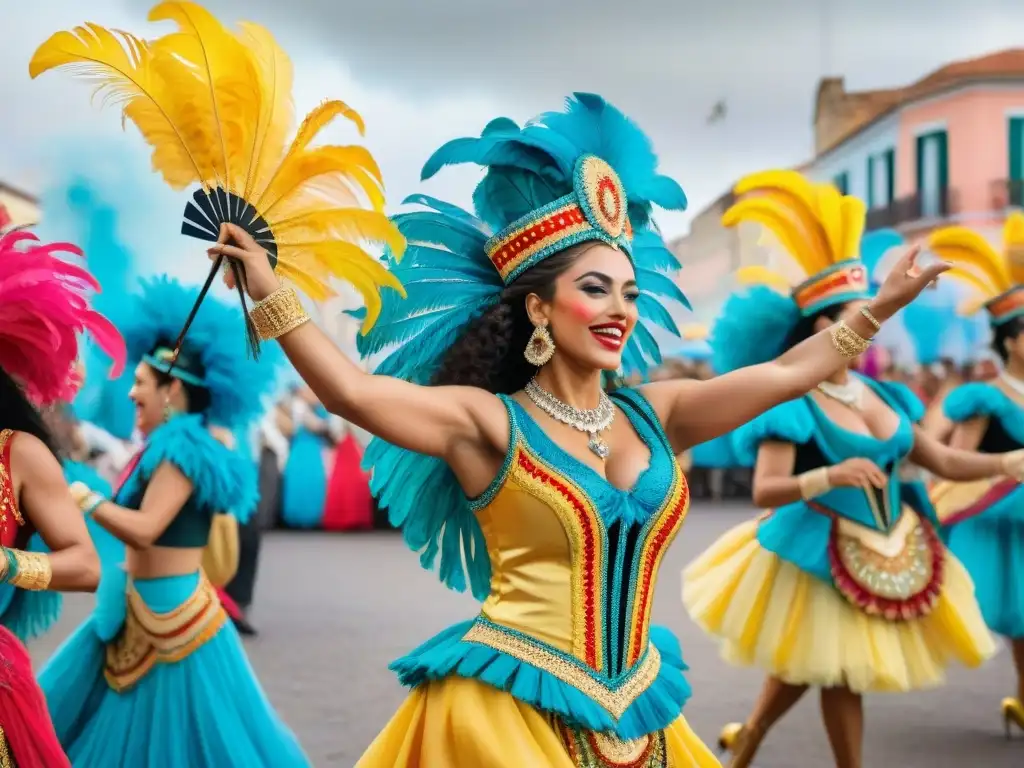 Un despliegue vibrante de bailarines en trajes de Carnaval Uruguayo significativos