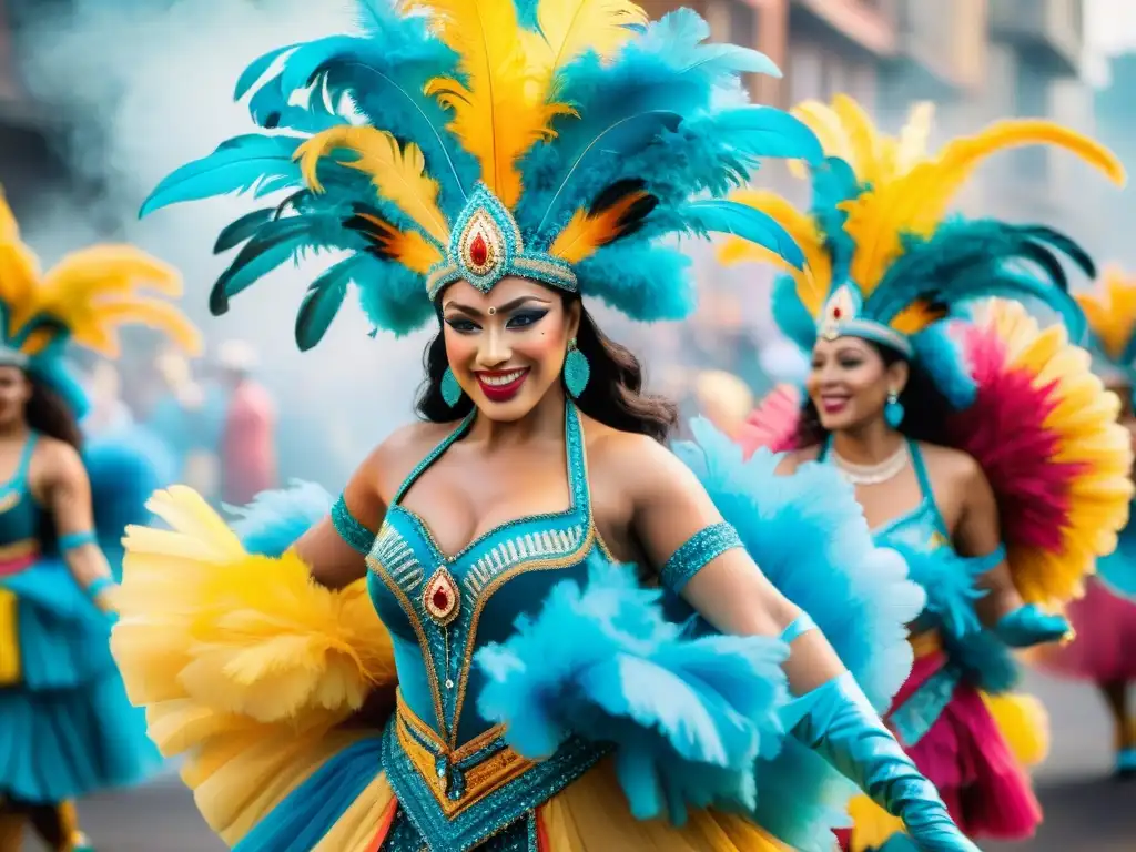 Un despliegue vibrante de diseñadores trajes Carnaval Uruguayo historias en una ilustración acuarela llena de energía y color