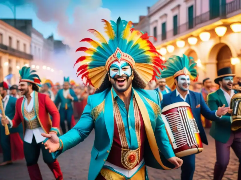 Ilustración detallada en acuarela de una animada actuación de murga durante el carnaval de Uruguay