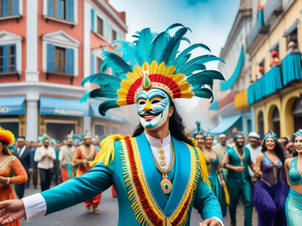 Ilustración detallada en acuarela del bullicioso Carnaval de Uruguay