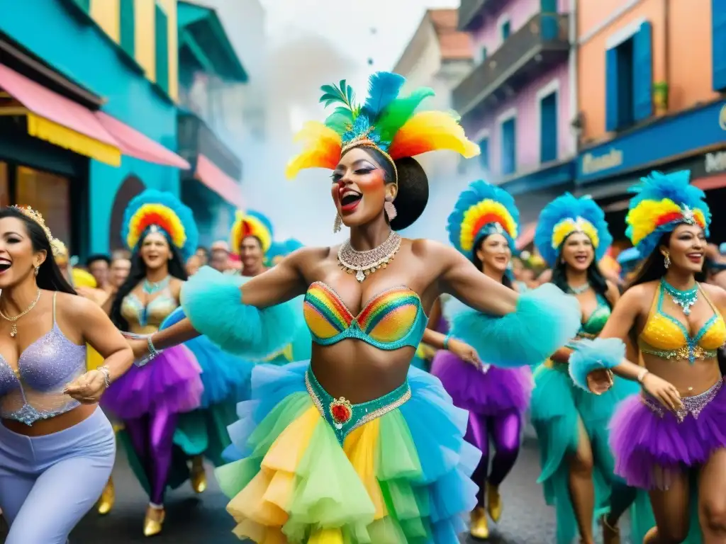 Detallada acuarela del bullicioso desfile de Carnaval, capturando la esencia festiva con colores vibrantes y energía cultural