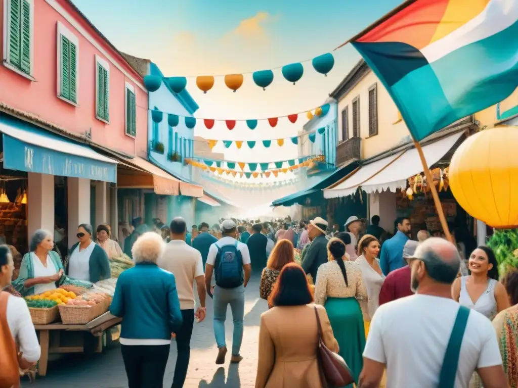 Ilustración detallada en acuarela de un bullicioso mercado callejero en Uruguay, con mercancía vibrante de carnaval en exhibición