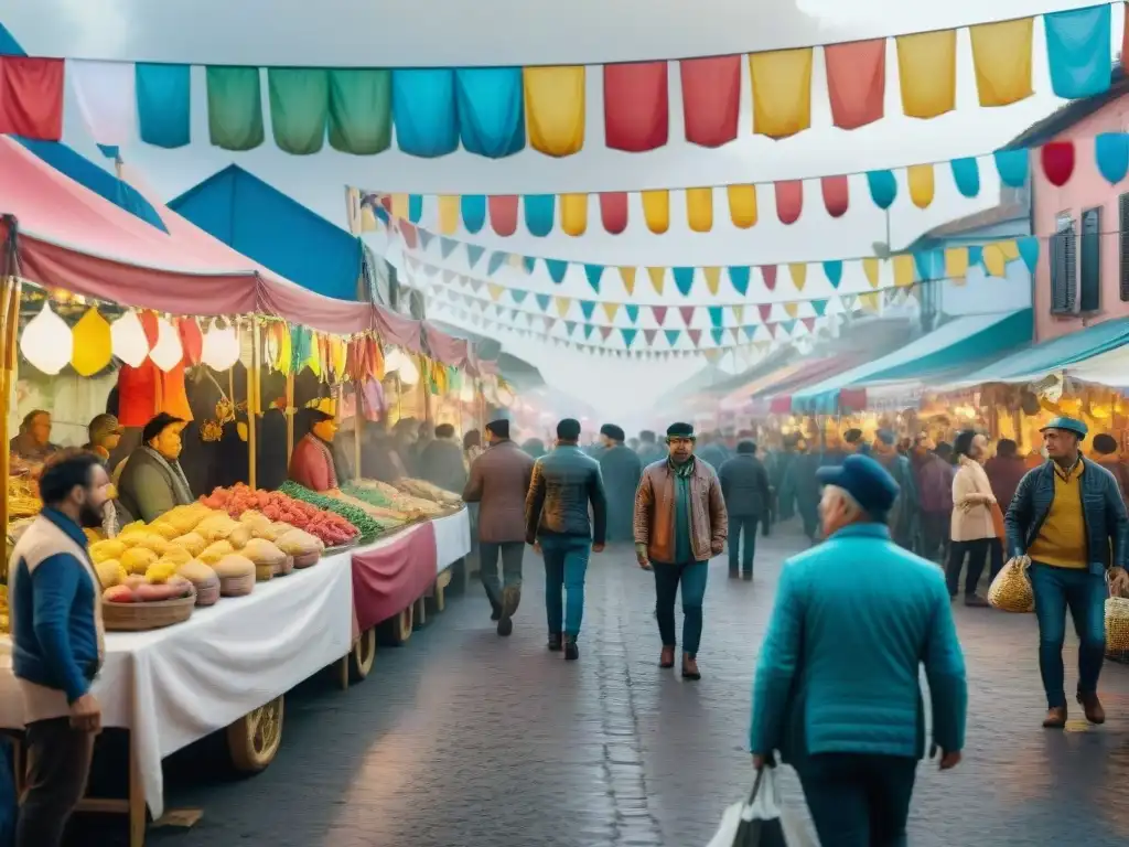 Ilustración detallada en acuarela de un bullicioso mercado callejero en Uruguay durante el Carnaval