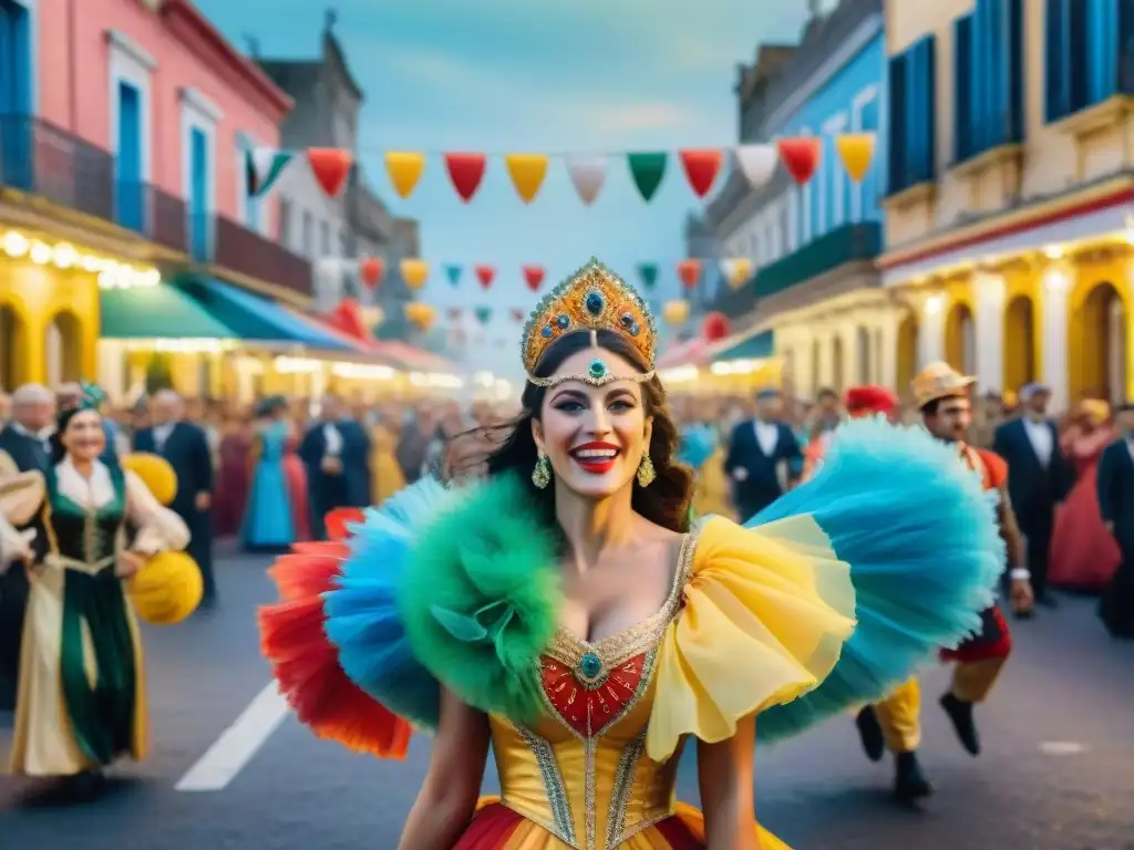 Detallada acuarela de Carnaval en Uruguay con parodistas en elaborados trajes y una bulliciosa calle