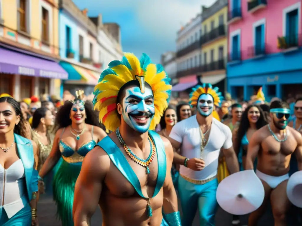 Ilustración detallada en acuarela del Carnaval Uruguayo con impacto social de agrupaciones LGBT+ celebrando juntas