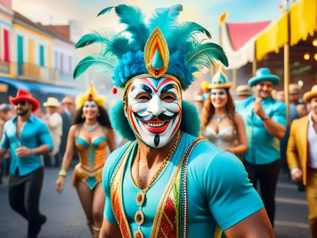 Detallada acuarela del Carnaval Uruguayo, con gente diversa, disfraces y sonrisas