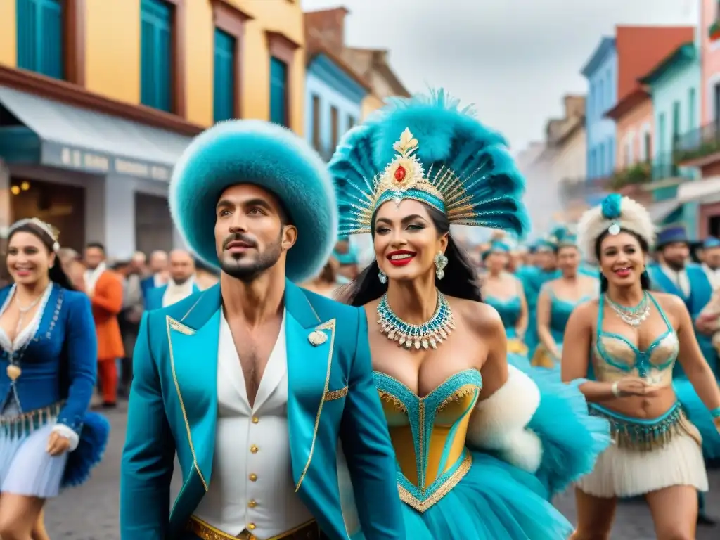 Ilustración detallada en acuarela del Carnaval Uruguayo, con vibrante escena callejera, artistas en trajes elaborados y espectadores animados