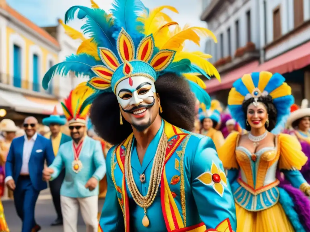 Carnaval inclusivo en Uruguay: diversidad y alegría Ilustración detallada en acuarela de la evolución de la inclusión en el Carnaval Uruguayo, con diversidad y alegría