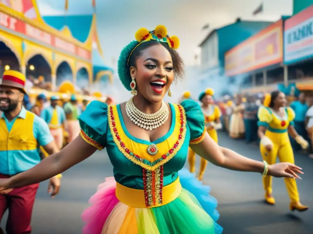 Detallada acuarela de niños en Carnaval, unidos en la celebración con trajes coloridos y bailes alegres en las calles