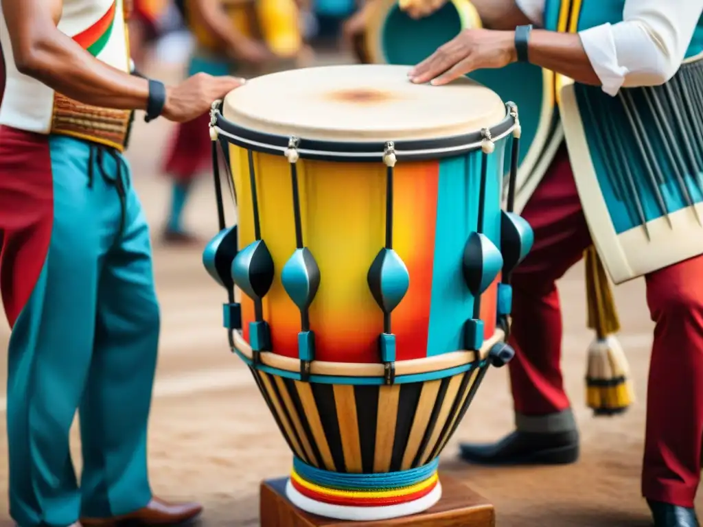 Una detallada acuarela de un tambor de Candombe, instrumento típico del Carnaval Uruguayo, con detalles vibrantes y geométricos