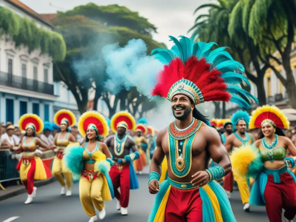 Una detallada acuarela del vibrante Carnaval en Uruguay, con trajes coloridos, carrozas y bailarines al ritmo de la música tradicional