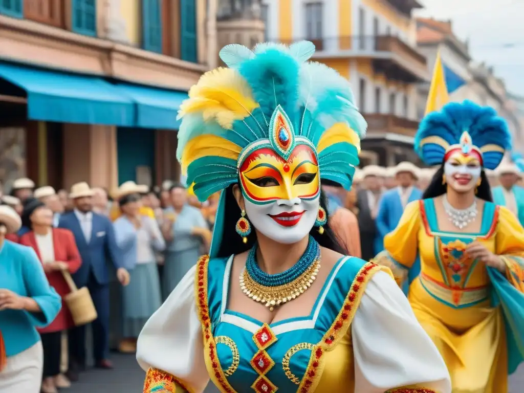 Detallada acuarela del vibrante Carnaval en Uruguay con coloridos trajes y bailes alegres