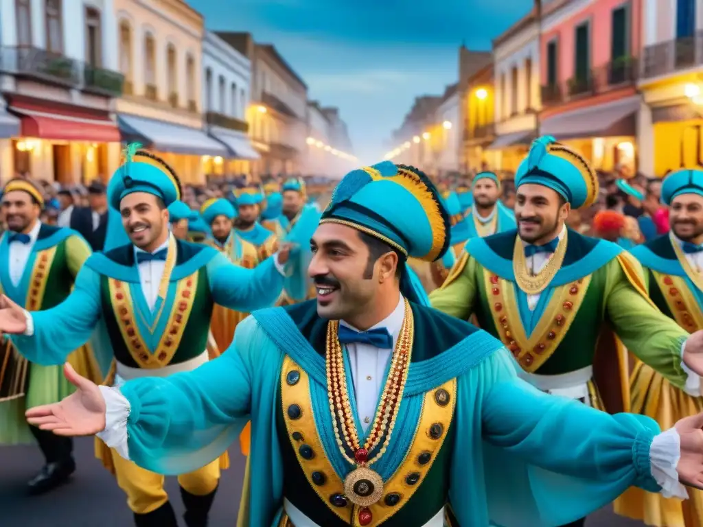 Detallada acuarela del vibrante Carnaval Uruguayo tradición cultural: desfile colorido, danzas y música tradicional