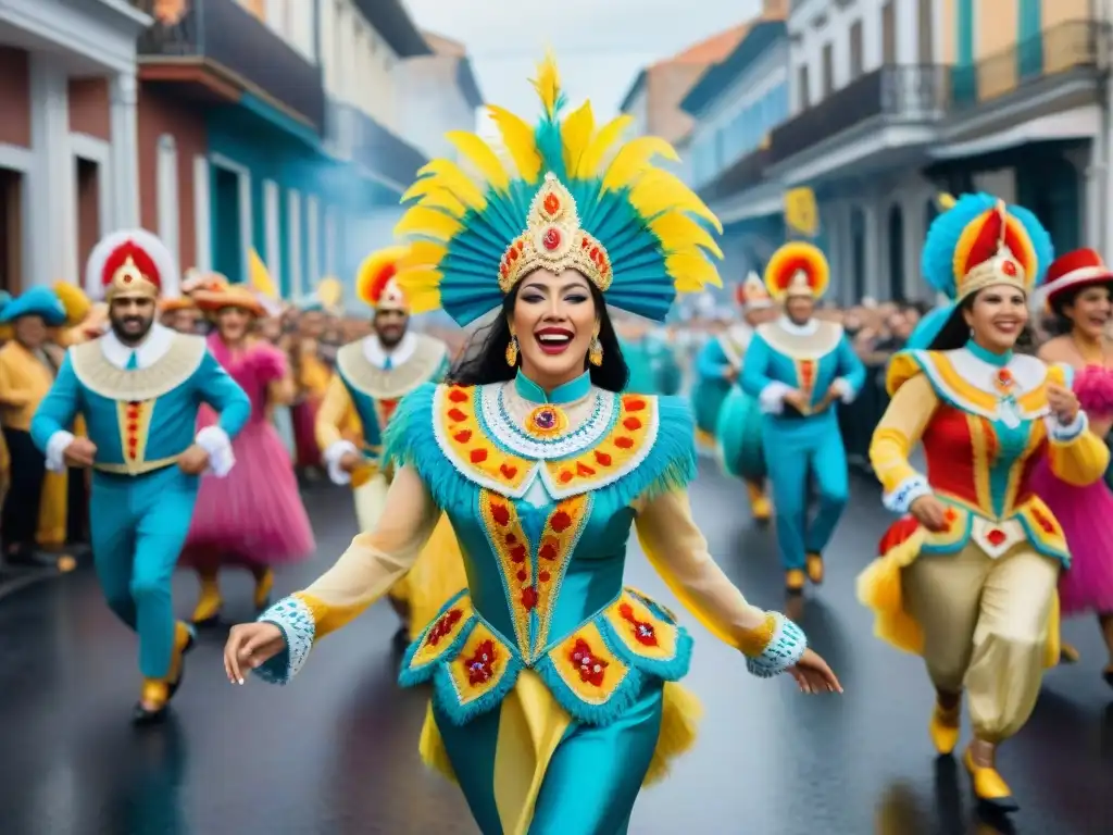 Una detallada acuarela del vibrante Carnaval en Uruguay, con coloridos trajes y desfiles alegres