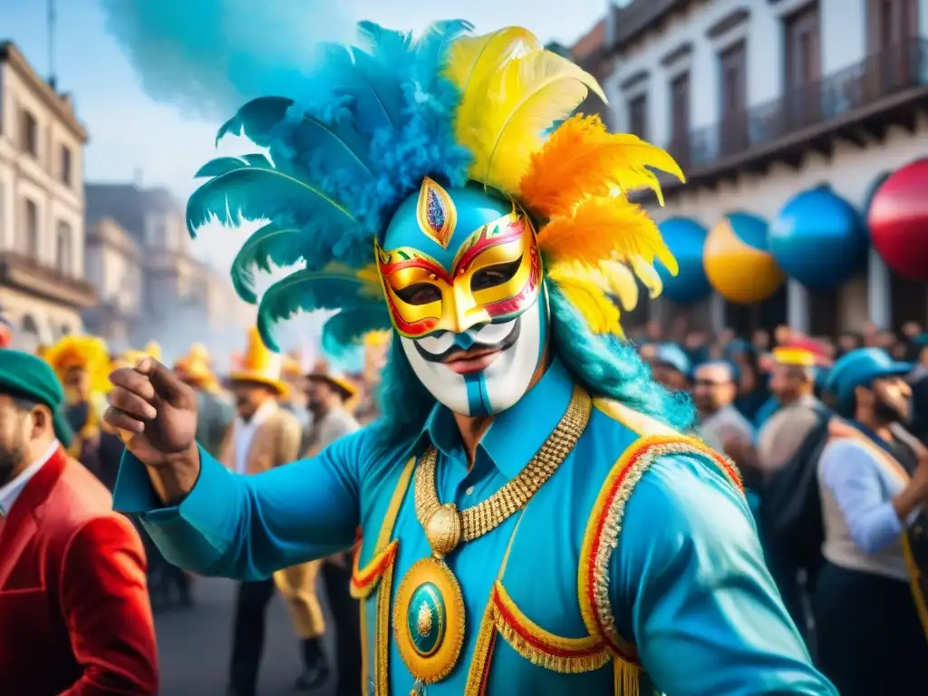 Detallada acuarela del vibrante Carnaval en Uruguay, con trajes elaborados y multitudes jubilosas