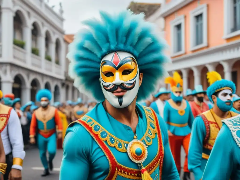 Detallada acuarela de un vibrante desfile de Carnaval en Uruguay con grafitis impactantes en edificios