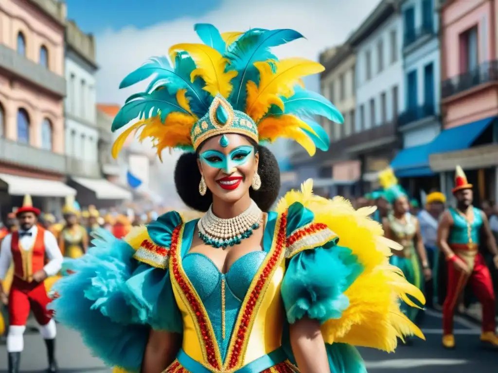 Ilustración detallada en acuarela del vibrante desfile de Carnaval en Uruguay con vestuarios sostenibles