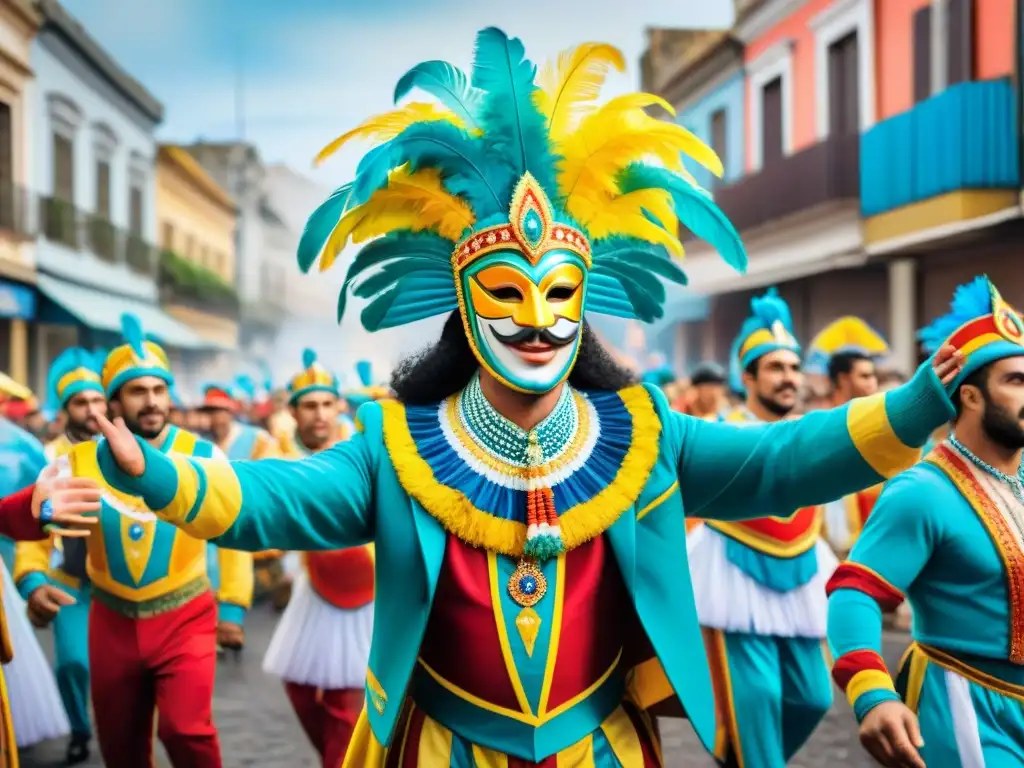 Detallada acuarela del vibrante desfile de Carnaval en Uruguay con trajes elaborados y música festiva