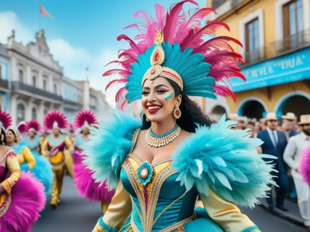 Detallada acuarela de un vibrante desfile de carnaval en Uruguay con paleta de colores carnavalescos