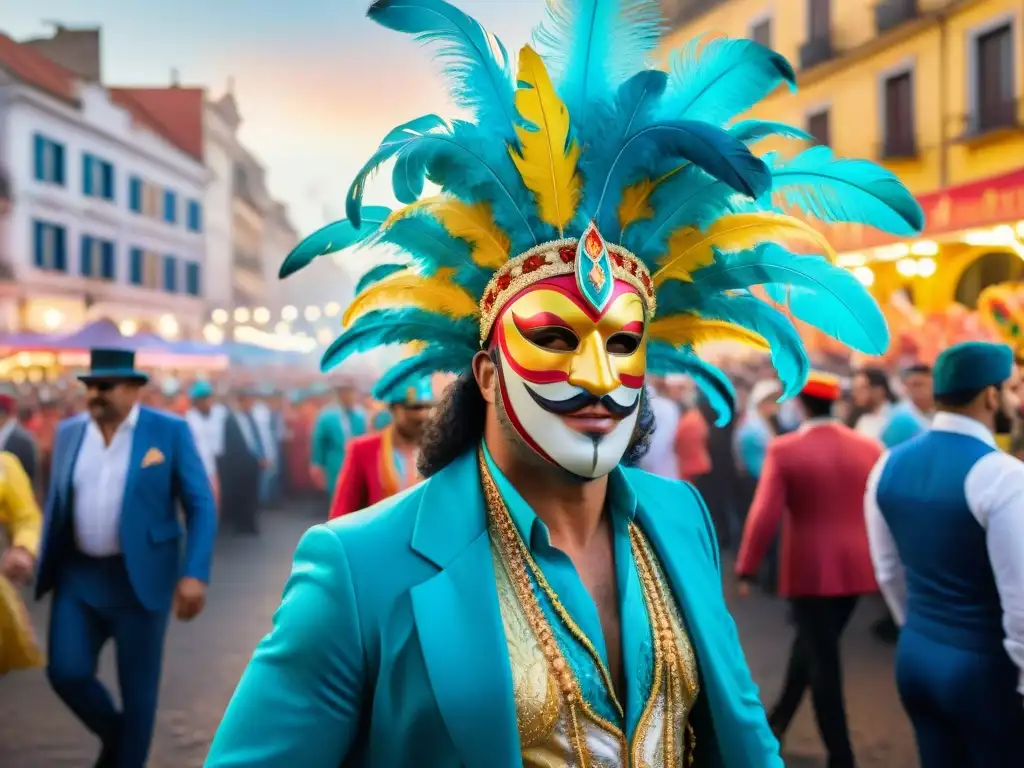 Una detallada acuarela del vibrante desfile de Carnaval en Uruguay, con personajes icónicos y coloridos trajes