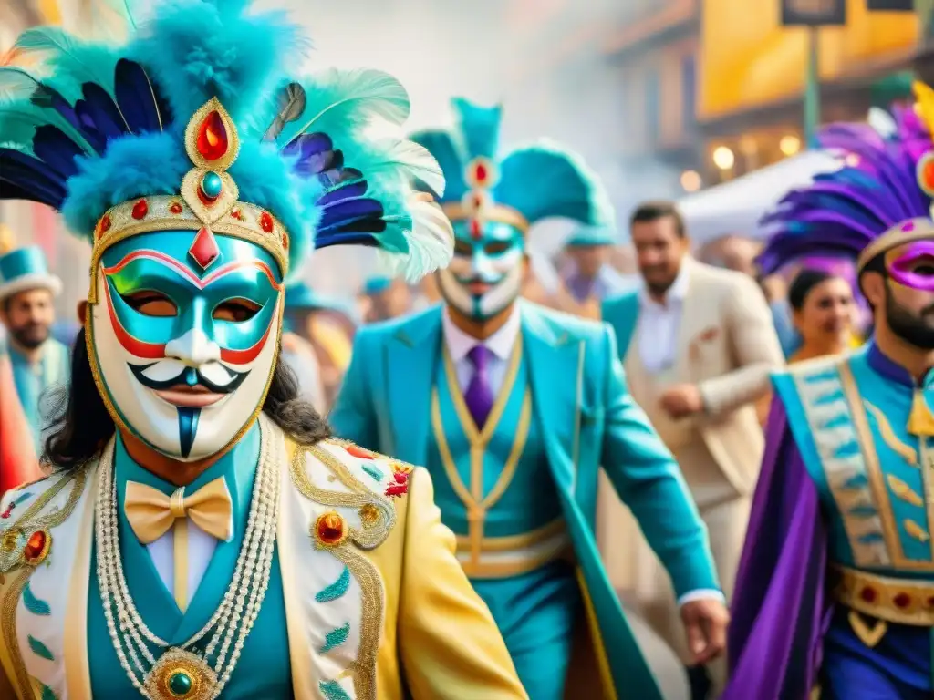 Detallada acuarela de un vibrante desfile de figuras en trajes de carnaval uruguayo, representando la historia y evolución cultural