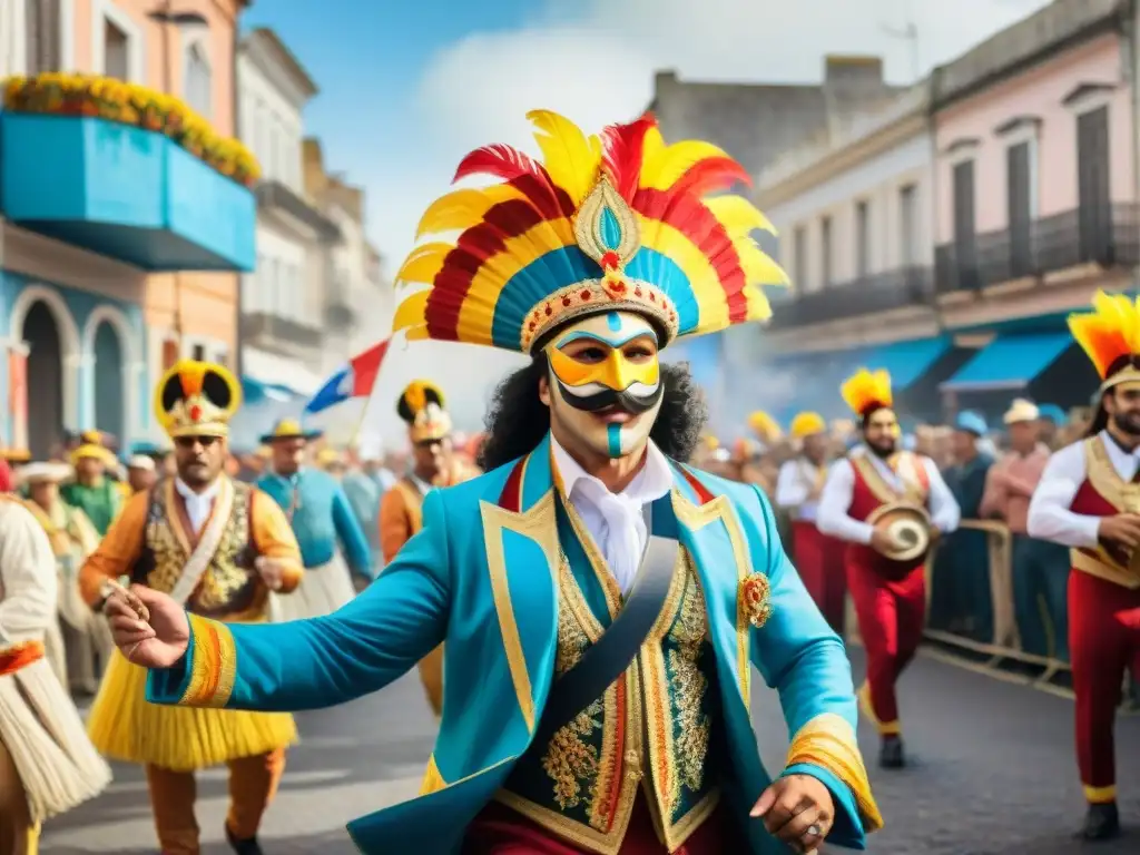 Una detallada acuarela del vibrante desfile de Carnaval en Uruguay, con trajes coloridos, máscaras intrincadas y músicos