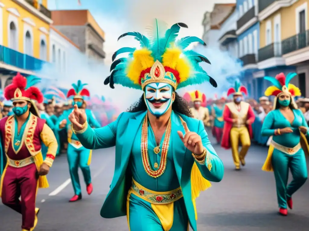 Ilustración detallada en acuarela del vibrante desfile de Carnaval en Uruguay, con trajes coloridos y energía festiva