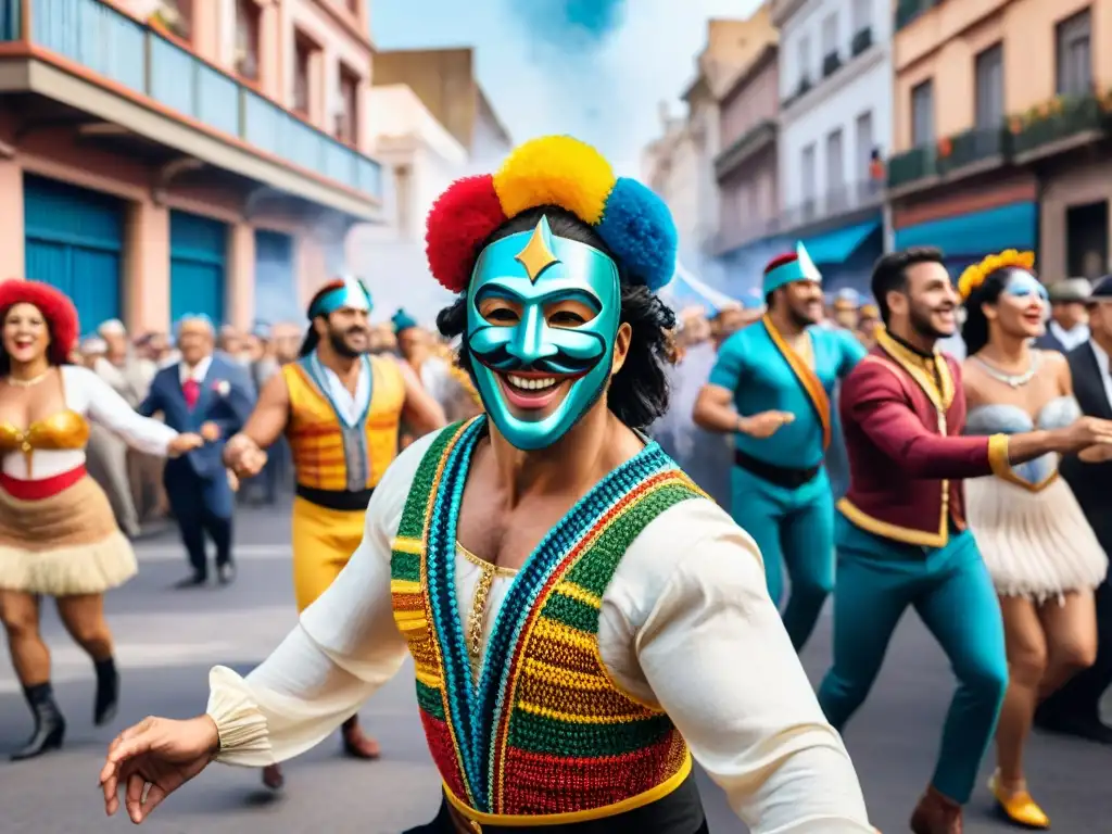 Ilustración detallada en acuarela del vibrante desfile del Carnaval Uruguayo con trajes coloridos y música alegre