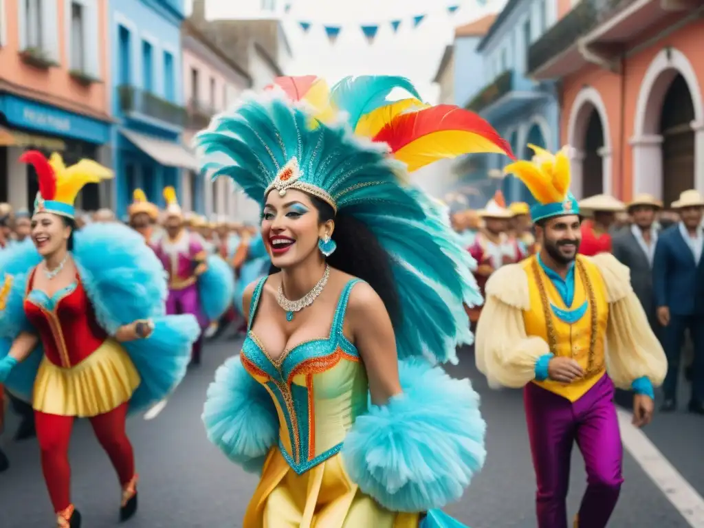 Ilustración detallada en acuarela de un vibrante desfile de carnaval en Uruguay