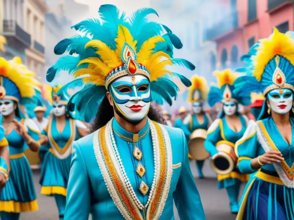 Detallada acuarela de vibrantes bailarines de carnaval en atuendos tradicionales uruguayos, fusionando temas políticos con la alegría del carnaval