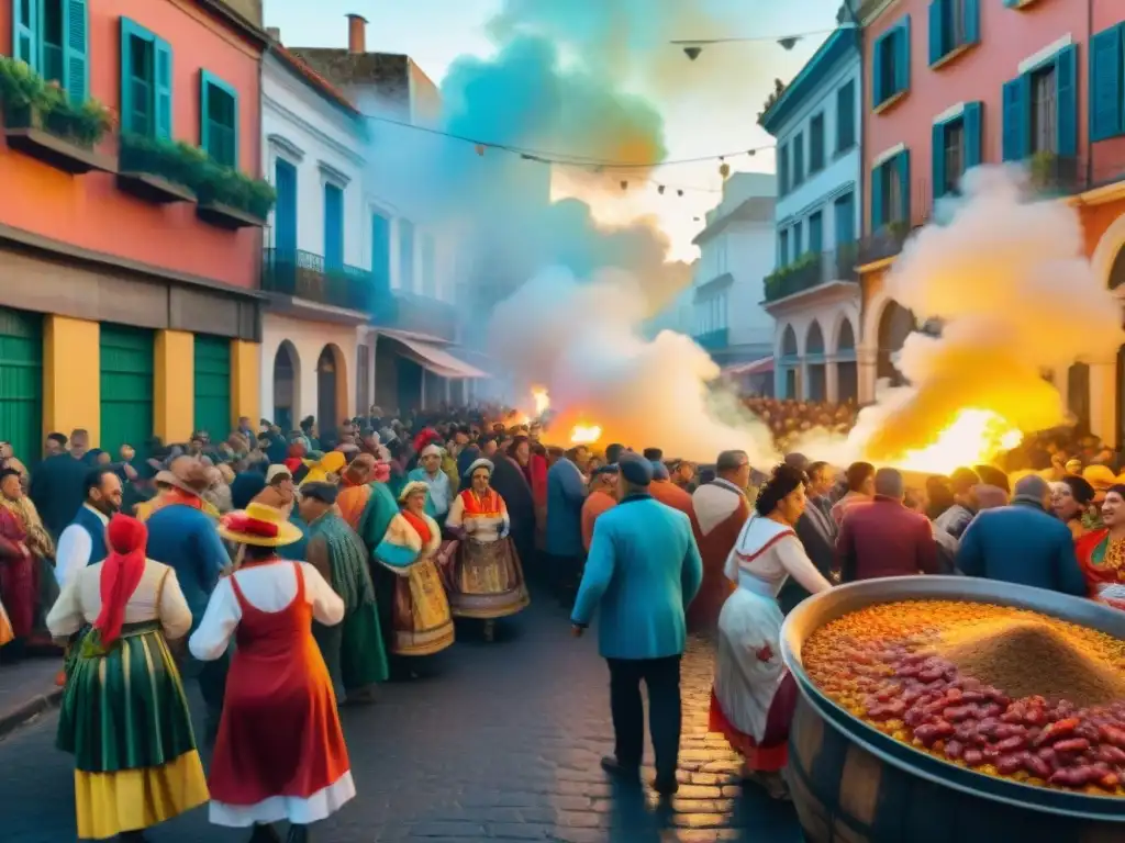 Descripción detallada de una animada calle uruguaya durante el Carnaval, con una receta tradicional de Puchero y festividad colorida