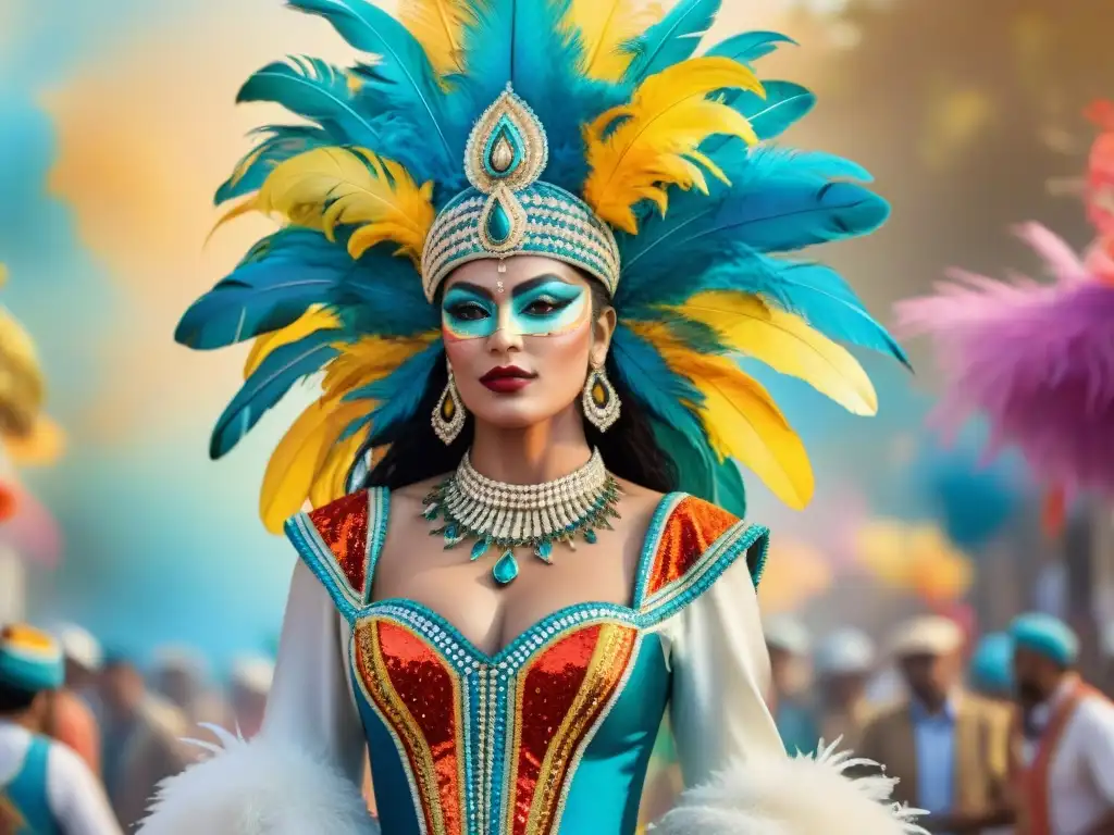 Detallada ilustración acuarela de artesanos uruguayos creando trajes para Carnaval