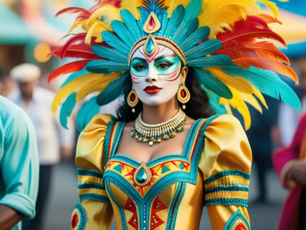 Detallada ilustración acuarela de artesanos uruguayos cosiendo trajes de carnaval, destacando técnicas ancestrales diseño vestuario carnaval