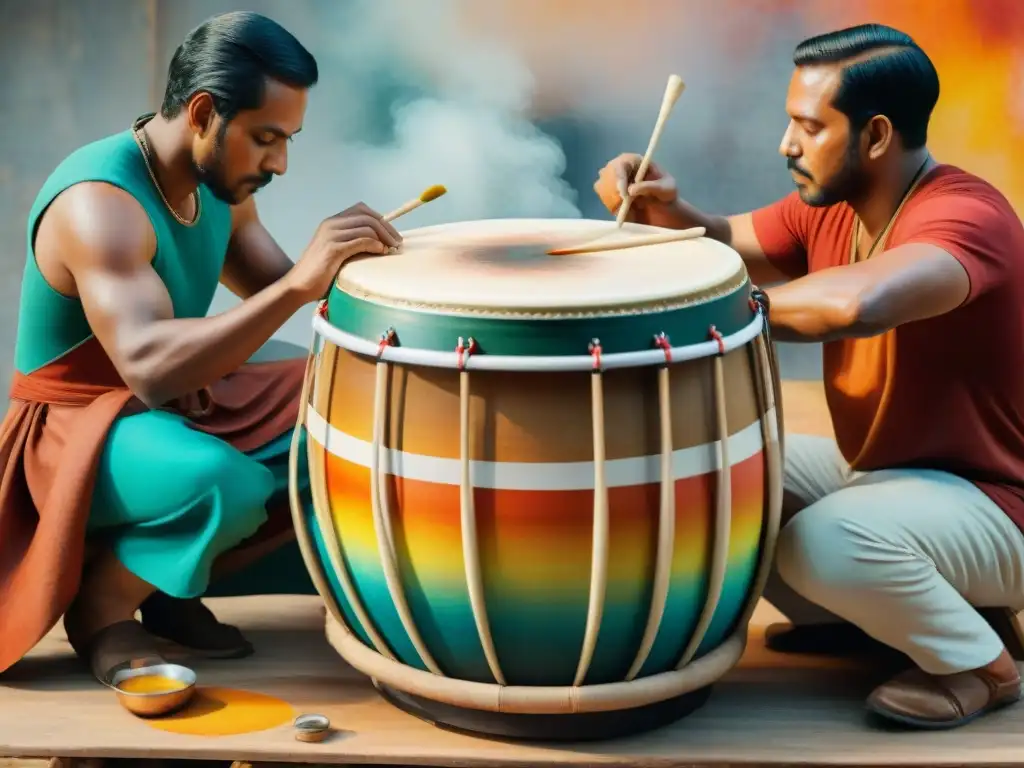 Detallada ilustración acuarela de artesanos elaborando tambor Candombe: arte tradición