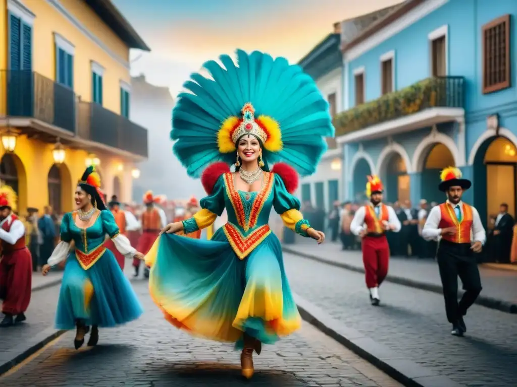 Detallada ilustración acuarela de bailarines de carnaval en trajes tradicionales uruguayos, rodeados de edificios históricos y decoraciones festivas