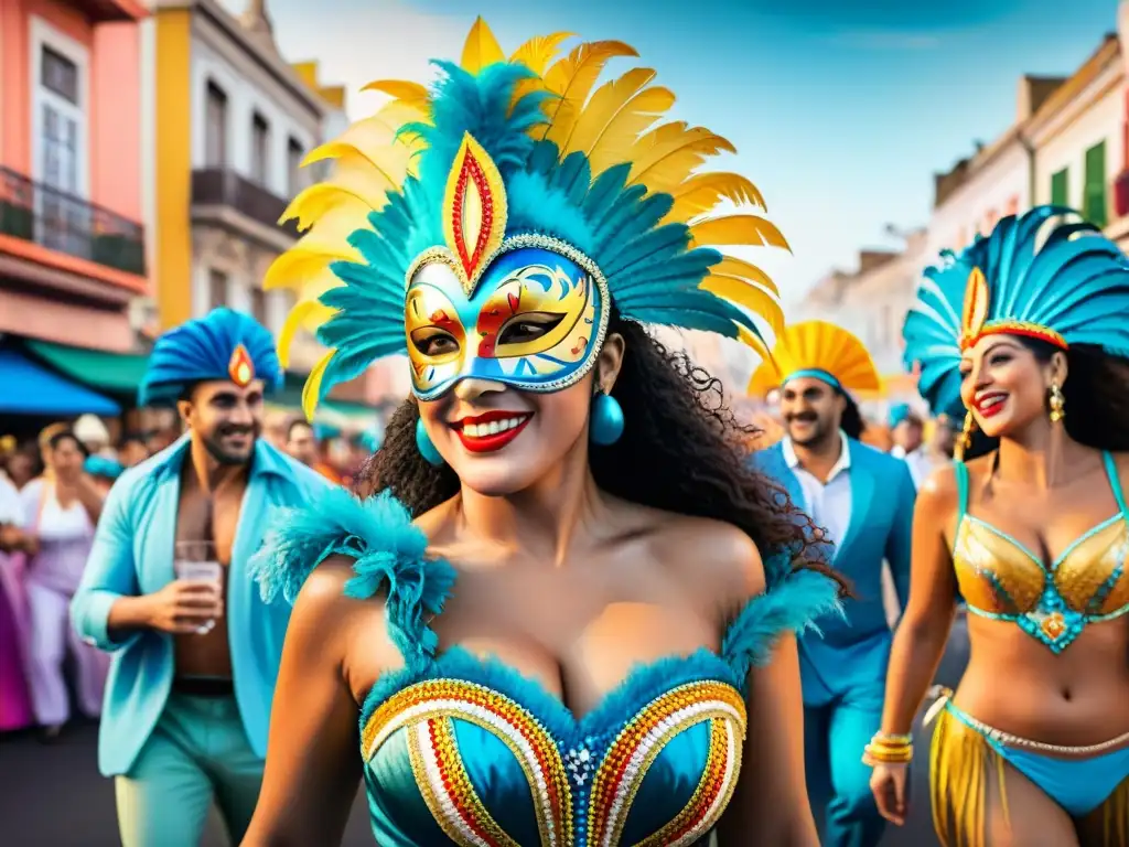 Detallada ilustración acuarela de bulliciosa calle en Carnaval uruguayo, con coloridos trajes y música alegre