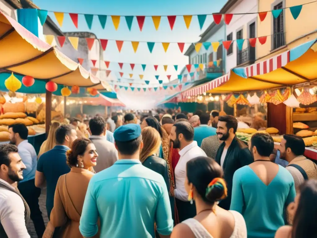 Colorido Carnaval en Uruguay: Ilustración acuarela detallada Detallada ilustración acuarela del bullicioso Carnaval Uruguayo con coloridos trajes y puestos de alimentos tradicionales
