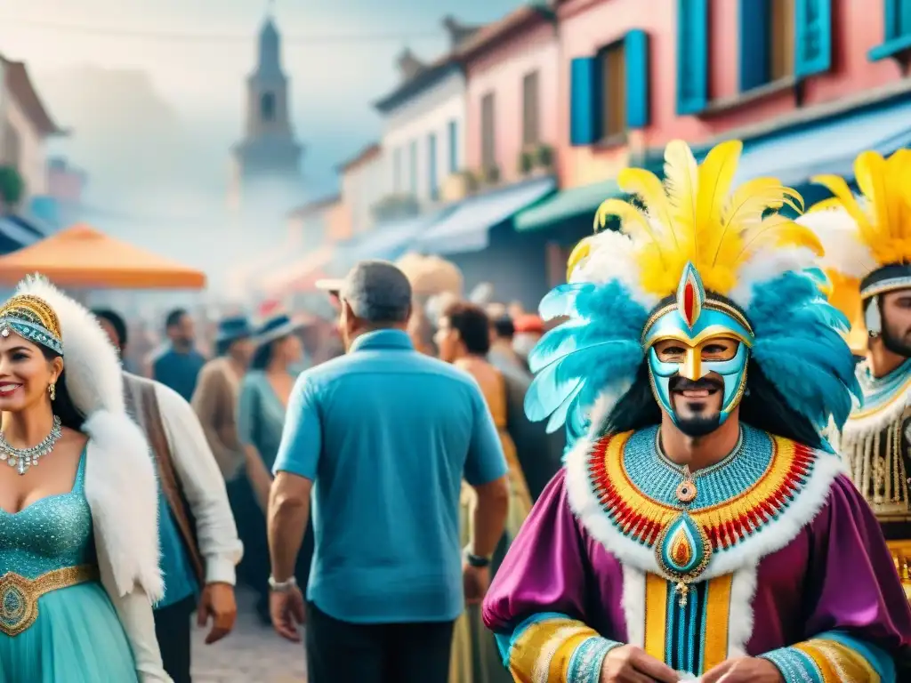 Ilustración detallada de un bullicioso mercado durante el Carnaval en Uruguay con trajes icónicos