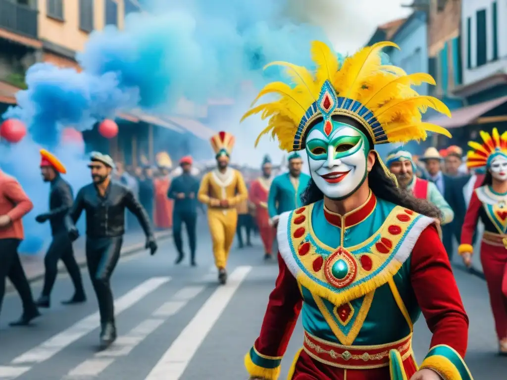 Detallada ilustración acuarela de Carnaval en Uruguay con coloridos trajes y música festiva