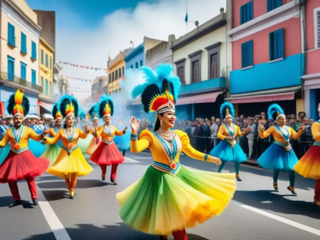 Ilustración detallada de Carnaval en Montevideo con desfile vibrante y colorido