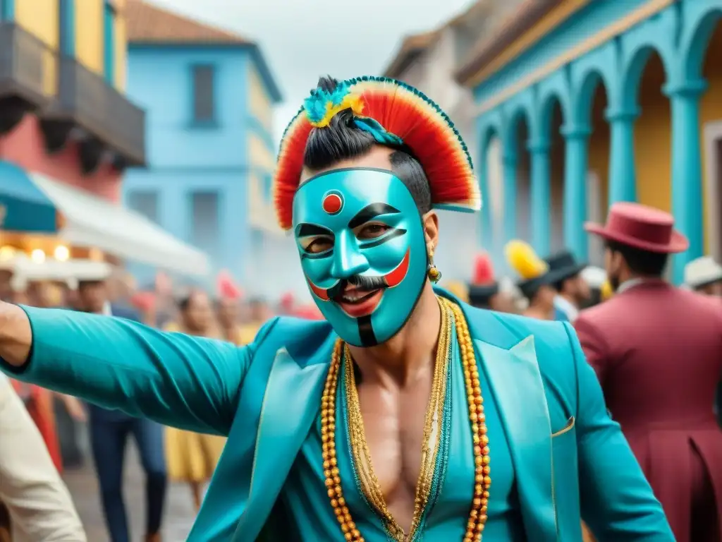 Detallada ilustración acuarela 8k del Carnaval en Uruguay, con música animada y disfraces tradicionales