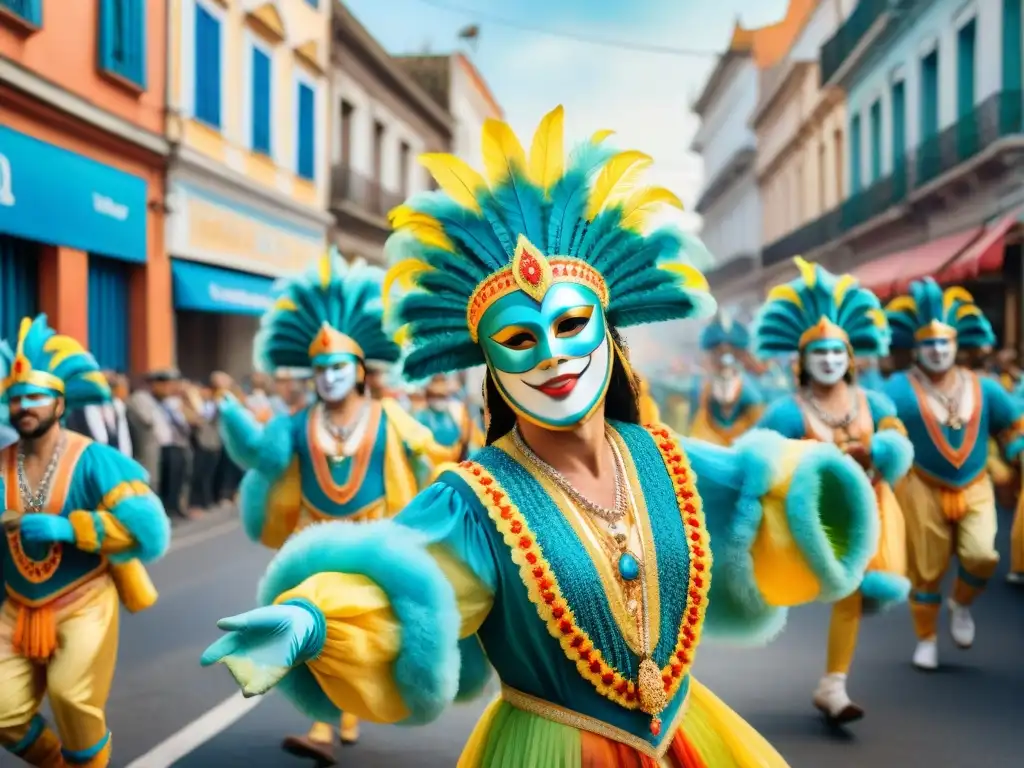 Una detallada ilustración acuarela del Carnaval Uruguayo, mostrando una bulliciosa procesión callejera con floats coloridos y trajes vibrantes