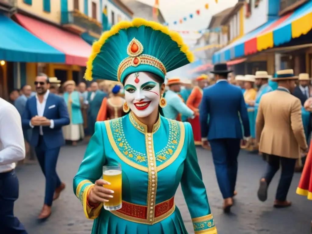 Ilustración detallada de Carnaval Uruguayo con colores vibrantes y recetas de licuados refrescantes