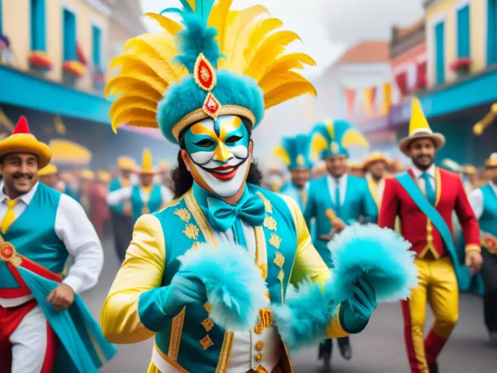 Fotografía detallada del Carnaval Uruguayo: alegría, coloridos bailarines, músicos y espectadores vibrantes