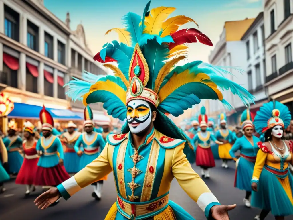 Detallada ilustración acuarela del Carnaval Uruguayo en realidad aumentada, desde candombe tradicional hasta celebraciones modernas