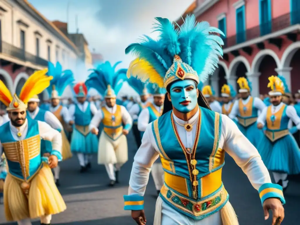 Detallada ilustración acuarela del Carnaval en Uruguay con vibrante desfile y coloridos trajes