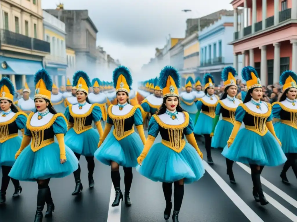 Detallada ilustración acuarela de desfile callejero en Uruguay, mostrando la Evolución de las comparsas uruguayas