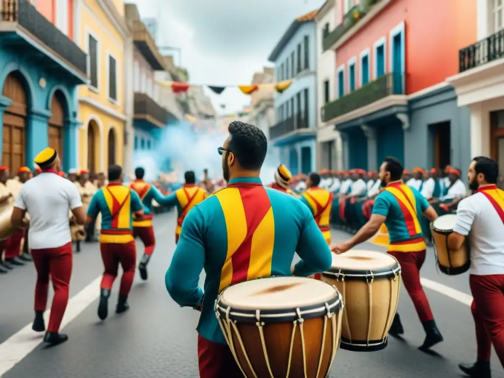 Ilustración detallada de desfile de candombe en Uruguay con músicos, bailarines, banderas coloridas y espectadores aplaudiendo