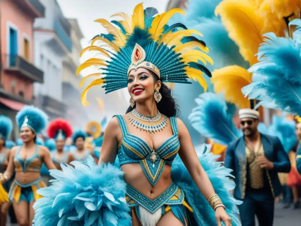 Detallada ilustración acuarela de desfile de Carnaval en Uruguay, trajes simbólicos